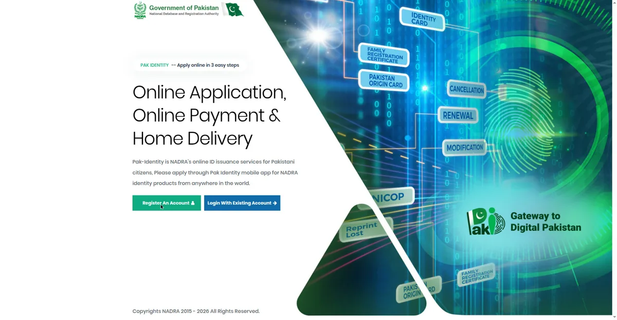 Genuine screenshot of the PakID landing page with Register An Account and Login With Existing Account buttons