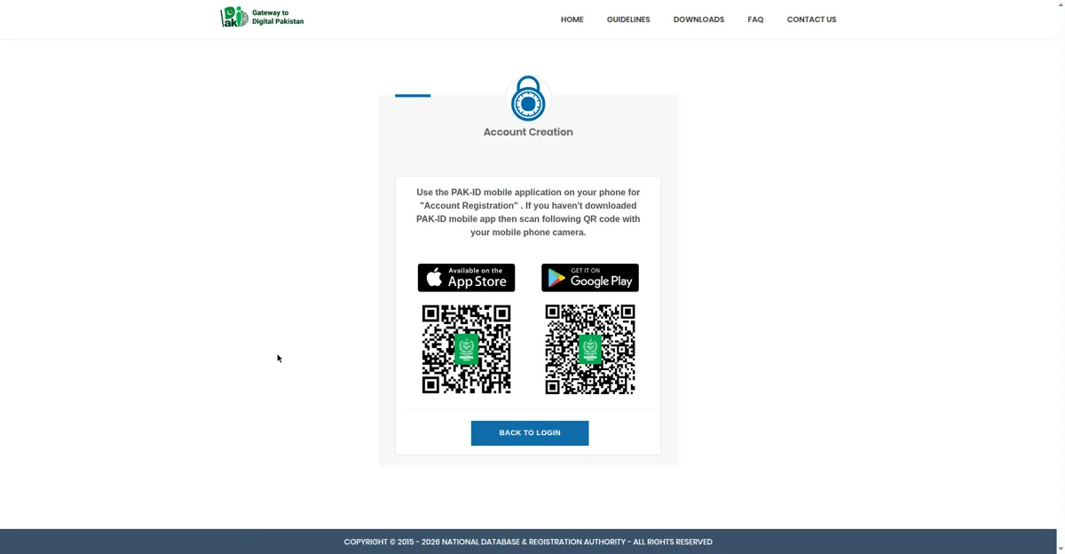 Genuine screenshot of the PakID Account Creation page directing users to register in the PAK-ID mobile app