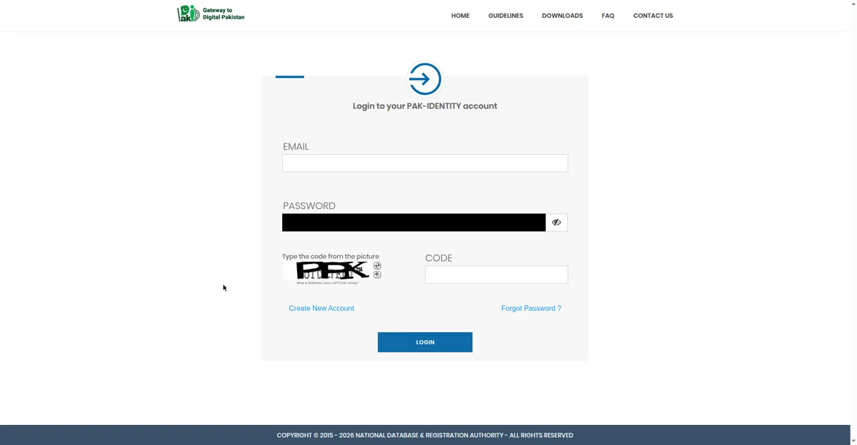 Genuine screenshot of the PakID login page with EMAIL, PASSWORD and CODE fields